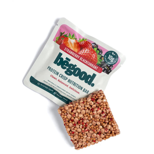 Begood protein crisp nutrition bar with strawberry blackcurrant flavor on a white background