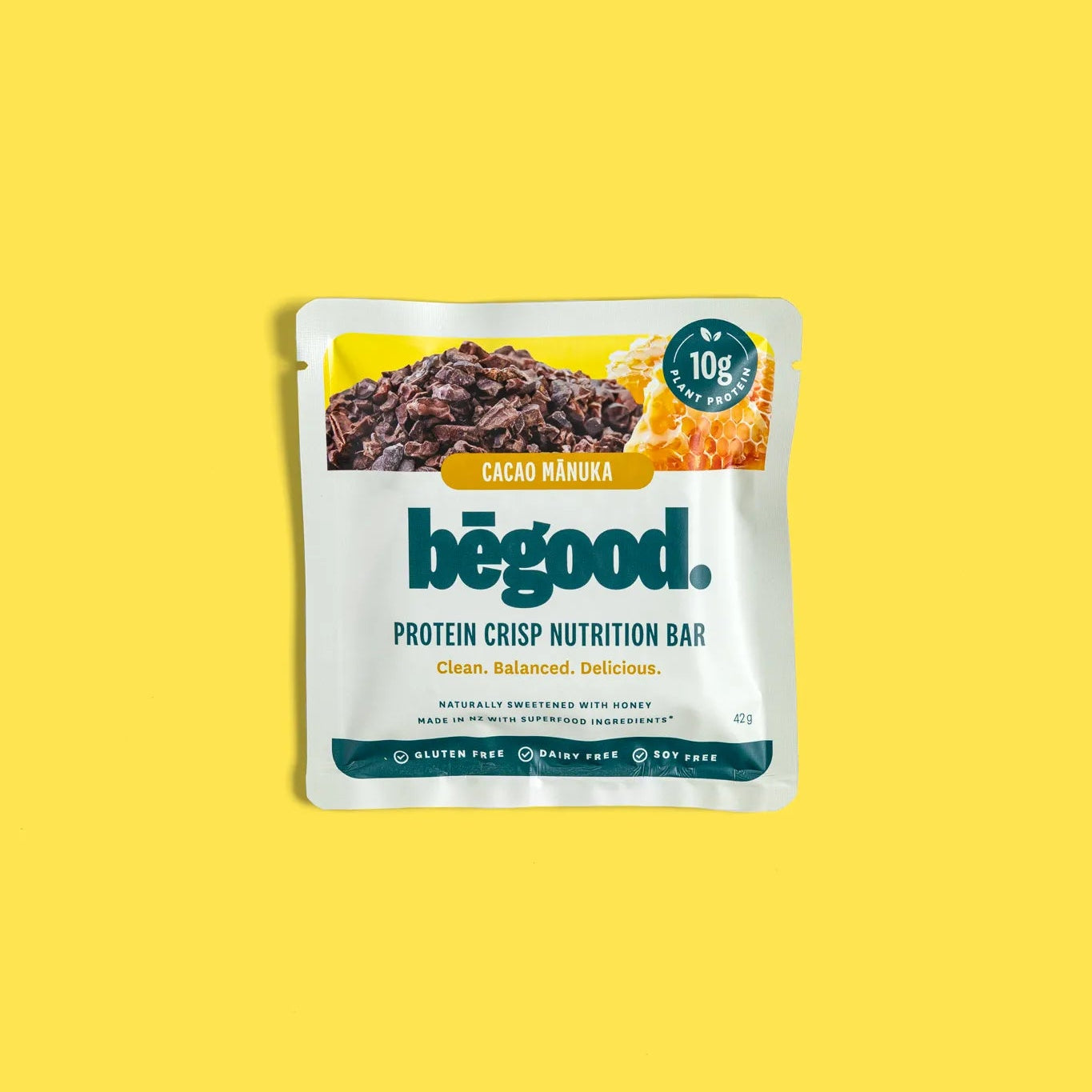 Begood protein crisp nutrition bar packaging on a yellow background