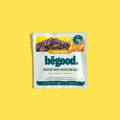 Begood protein crisp nutrition bar packaging on a yellow background