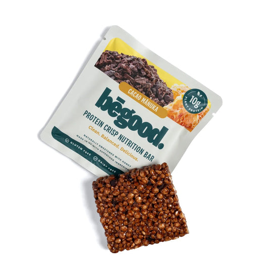 bégood protein crisp nutrition bar with packaging on a white background