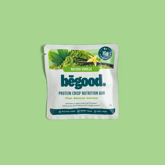Begood protein crisp nutrition bar packaging on a green background