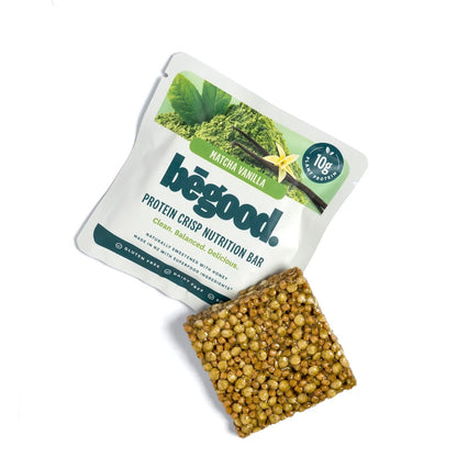 Protein crisp nutrition bar with packaging on a white background