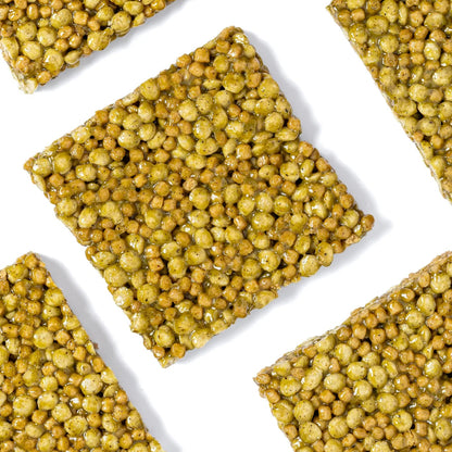 Square bēgood nutrition protein bars showing textured matcha on a white background