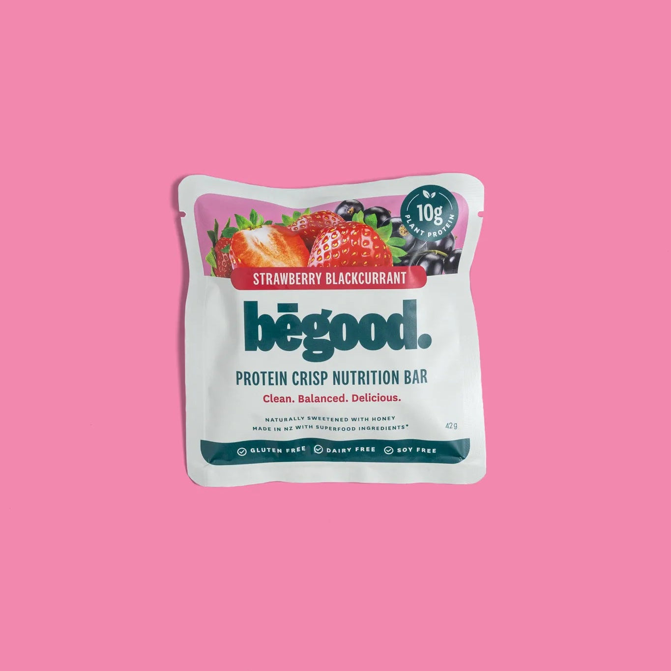 Protein crisp nutrition bar packaging with 'begood' branding on a pink background