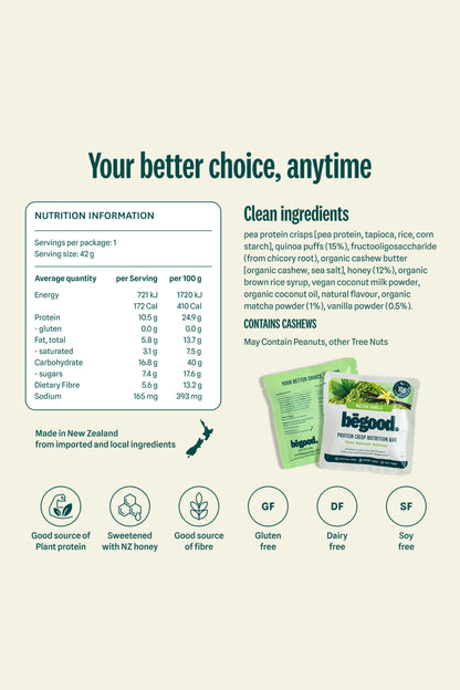 Begood Nutrition matcha packaging with nutrition information and ingredient details on a white background