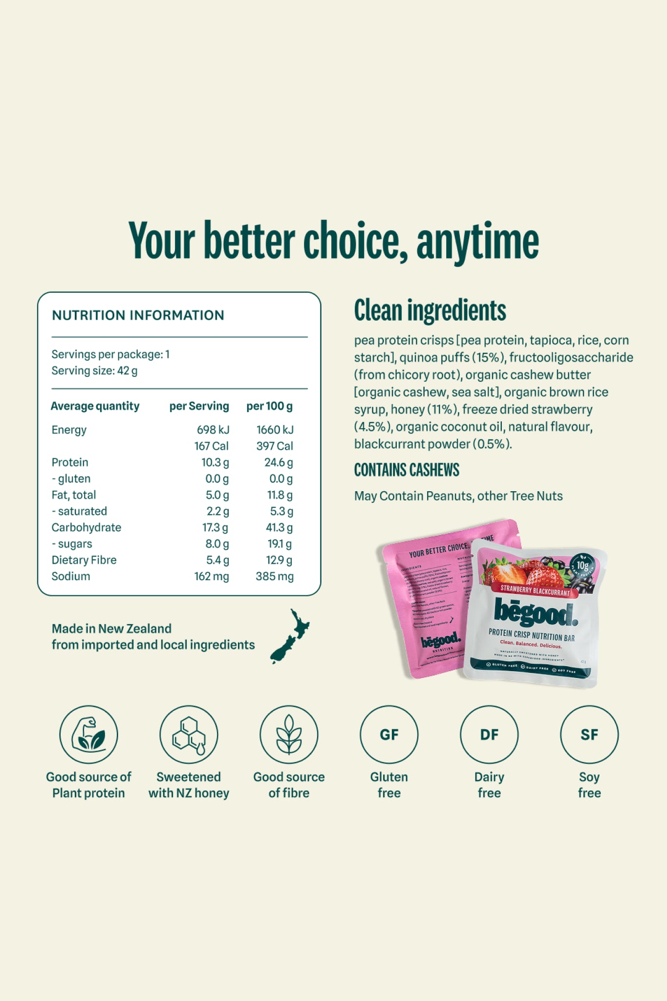 Begood Nutrition Protein Crisp Bar bak of pack nutrition information and ingredients