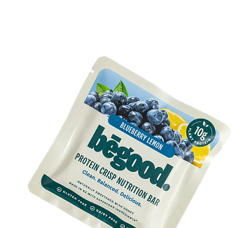 Protein crisp nutrition bar packaging with blueberries on a white background