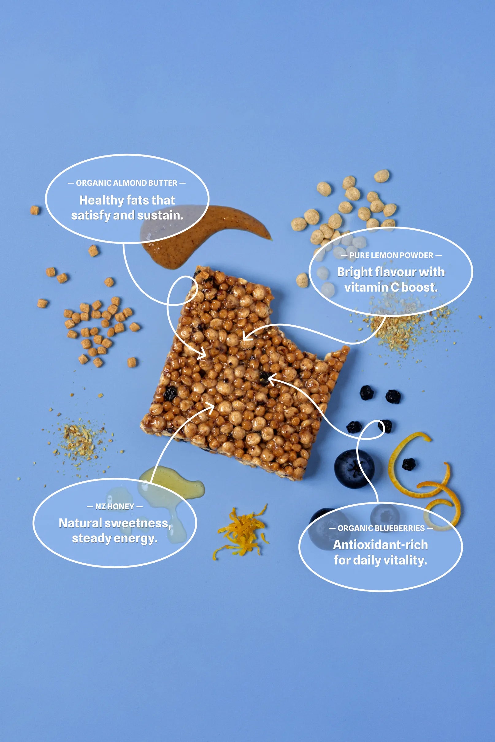 Begood Nutrition Protein bar with ingredients labeled on a blue background