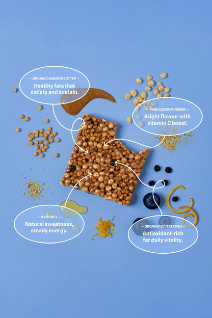 Begood Nutrition Protein bar with ingredients labeled on a blue background