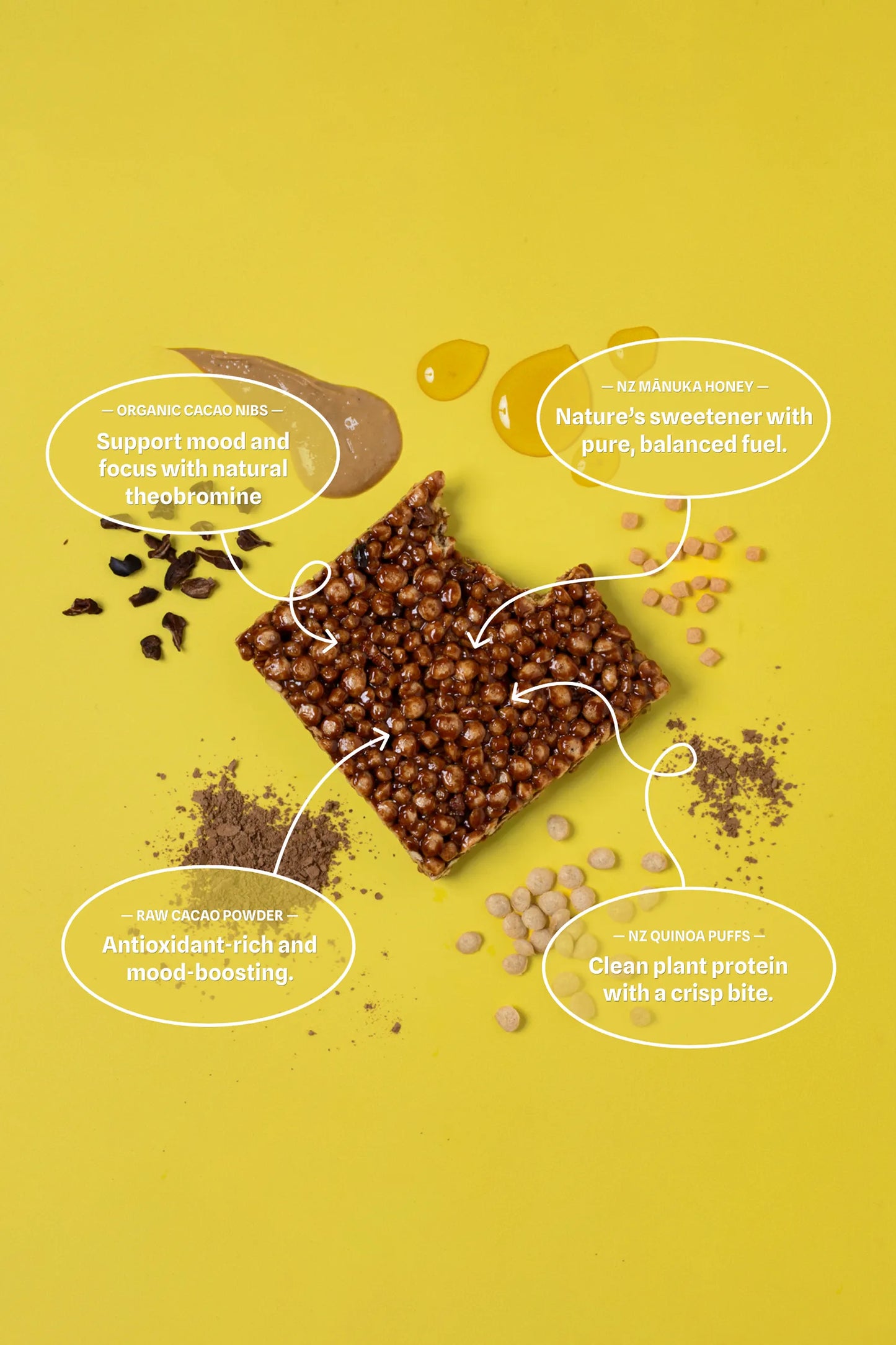 Begood Nutrition protein bar with ingredients and health benefits on a yellow background