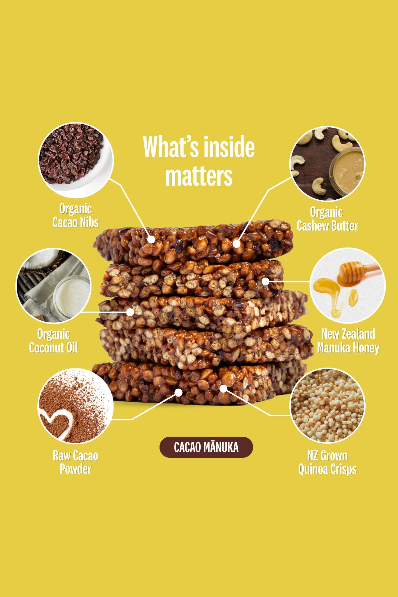 Stack of begood nutrition bars with labeled ingredients on a yellow background
