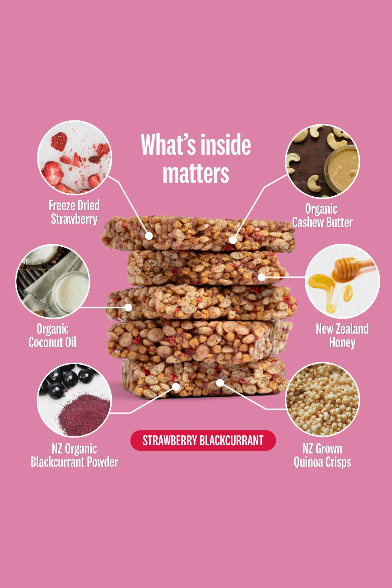 Begood Nutrition bar stack with ingredients listed on a pink background