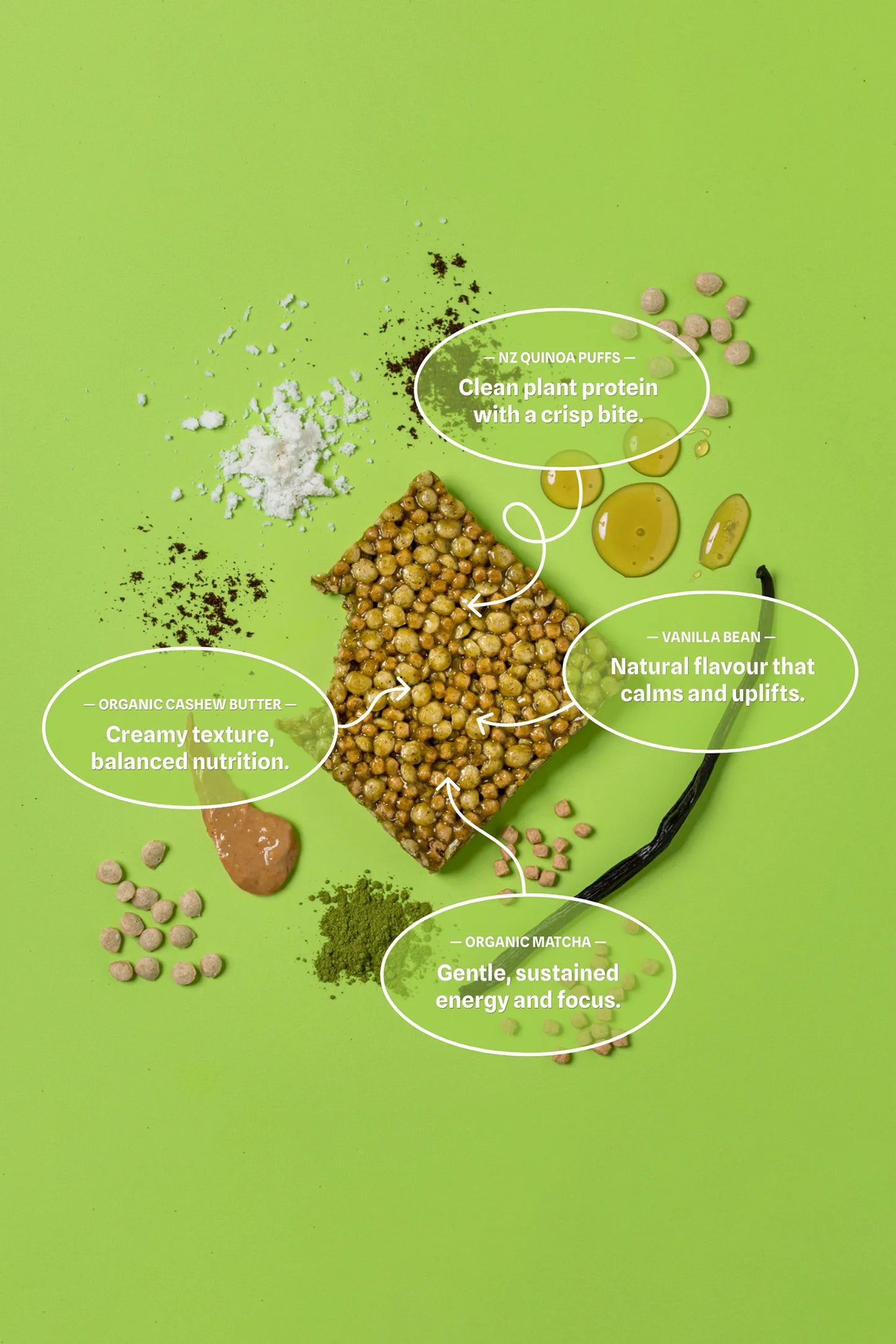 Ingredients of a begood nutrition matcha vanilla bar on a green background with text labels.