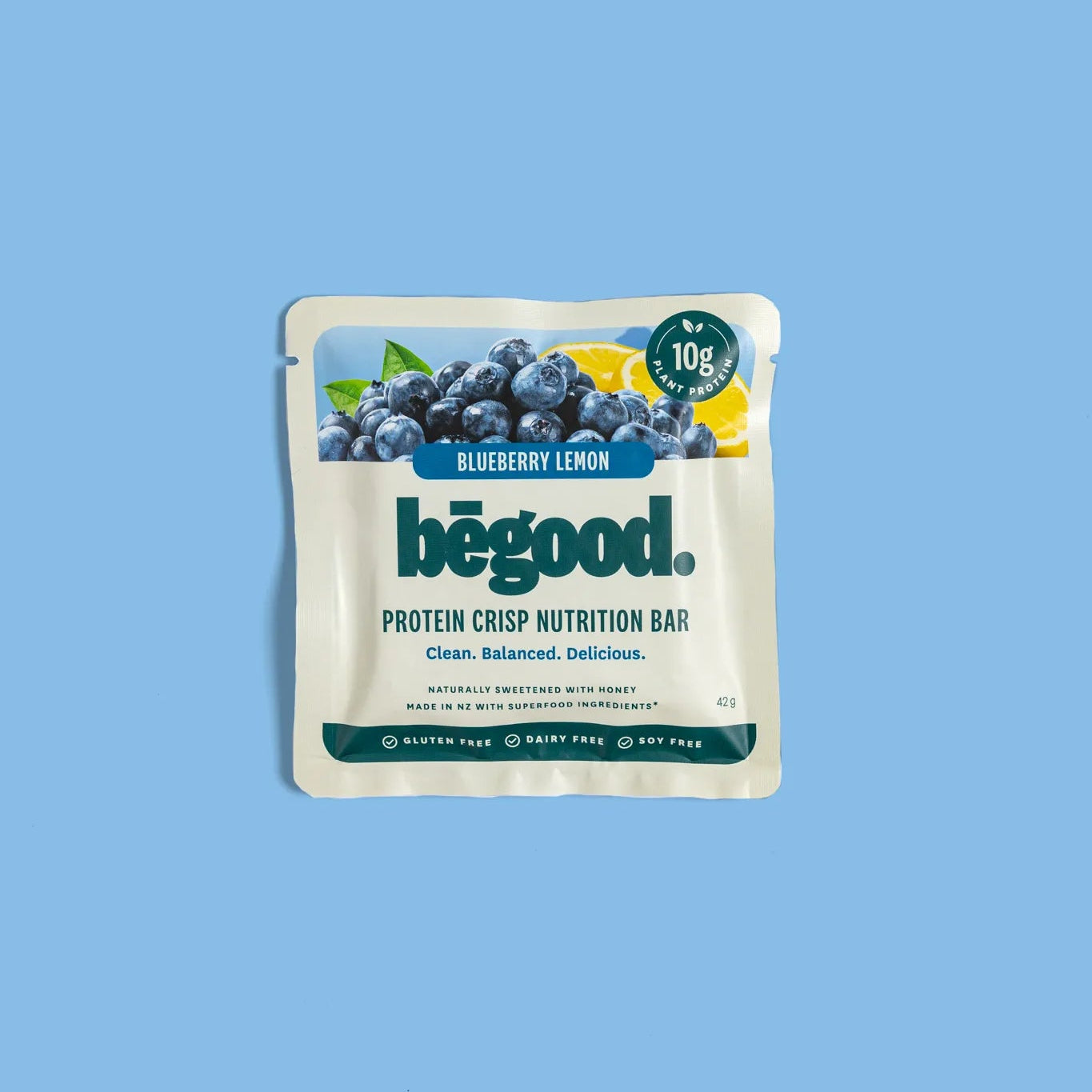 Begood protein crisp nutrition bar packaging on a blue background
