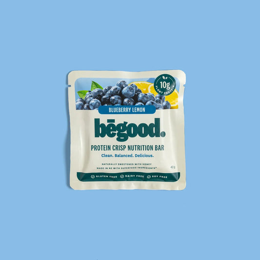 Begood protein crisp nutrition bar packaging on a blue background