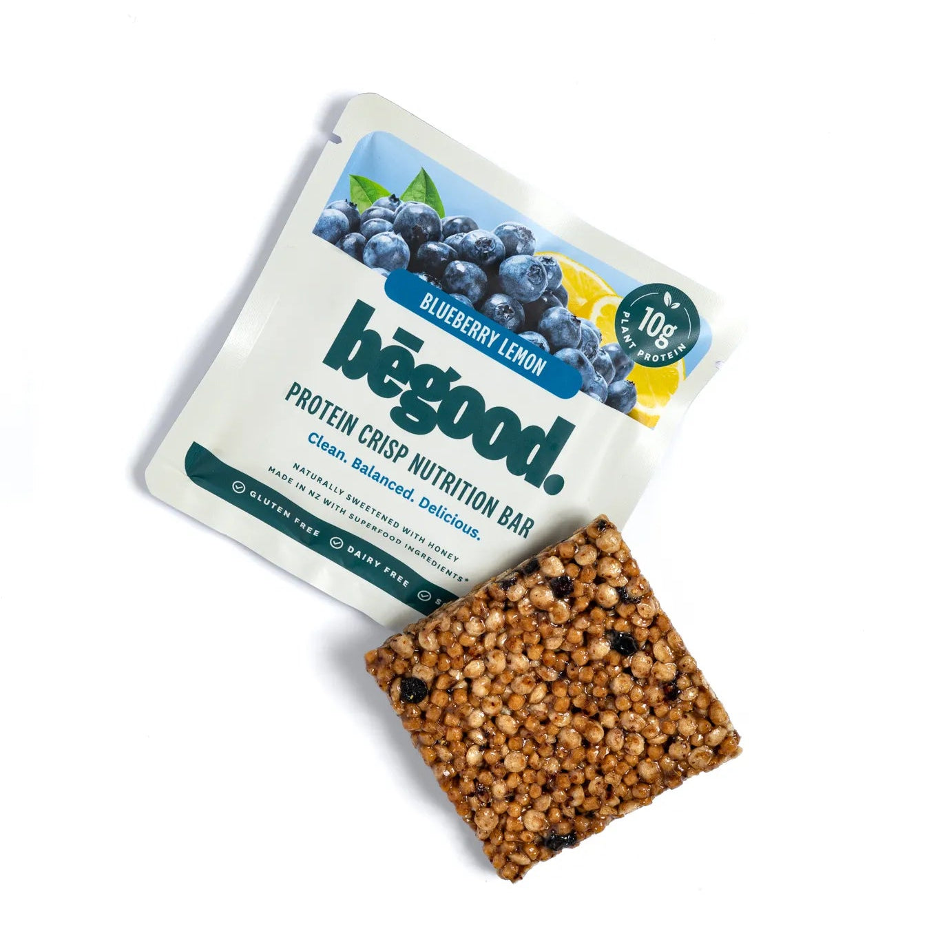 bégood protein crisp nutrition bar with packaging on a white background