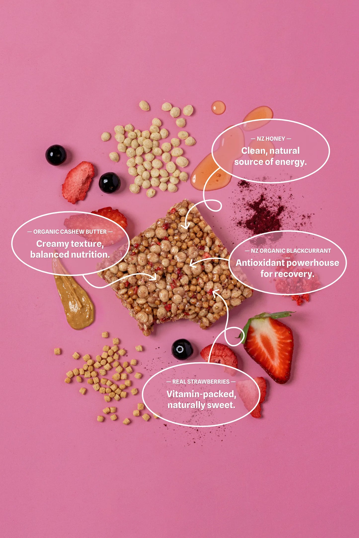 Begood Nutrition Strawberry Blackcurrant ingredients on a pink background with text labels.