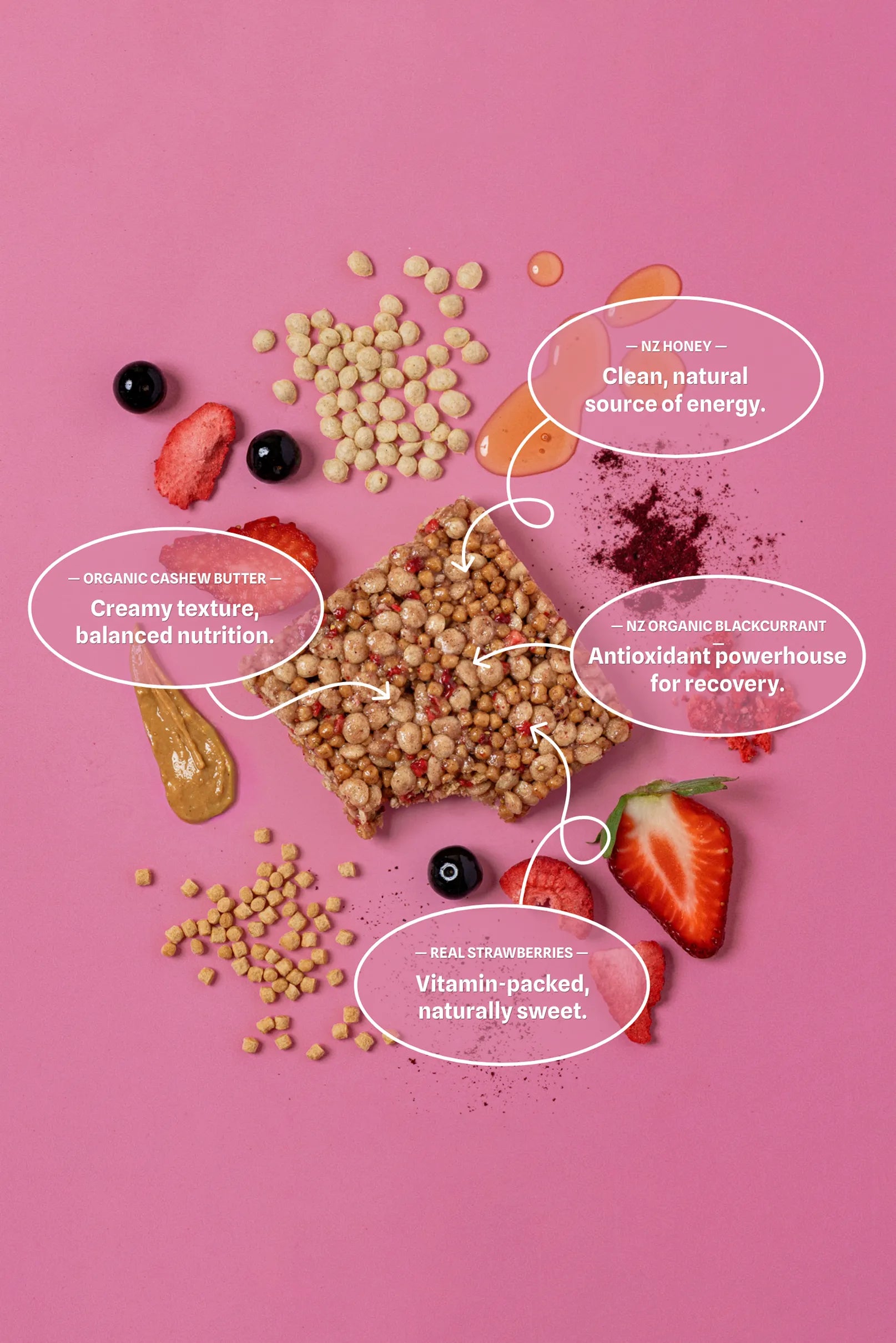 Begood Nutrition Strawberry Blackcurrant ingredients on a pink background with text labels.