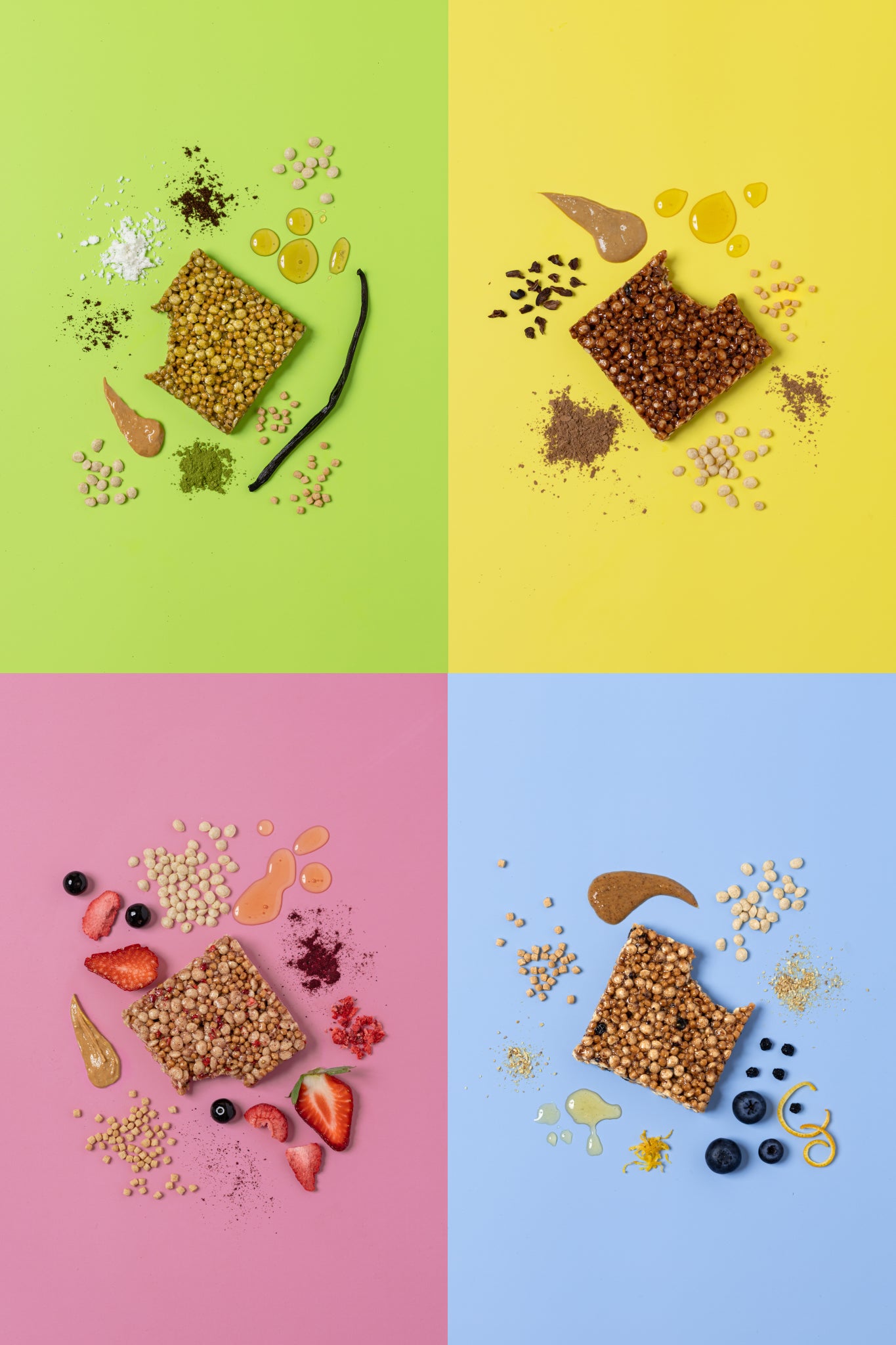 Variety Pack of Begood Nutrition Bars with ingredients surrounding each bar on coloured backgrounds.