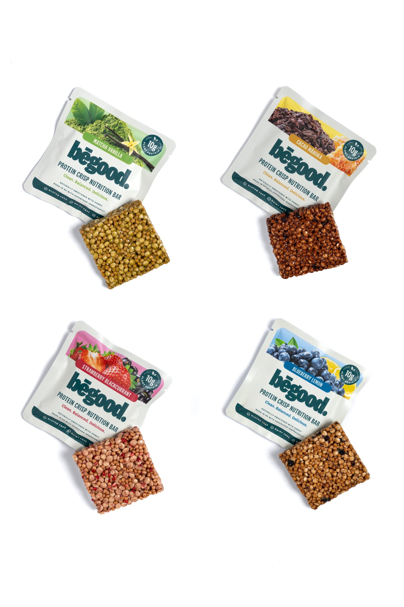 Four packages of 'begood' protein bars on a white background