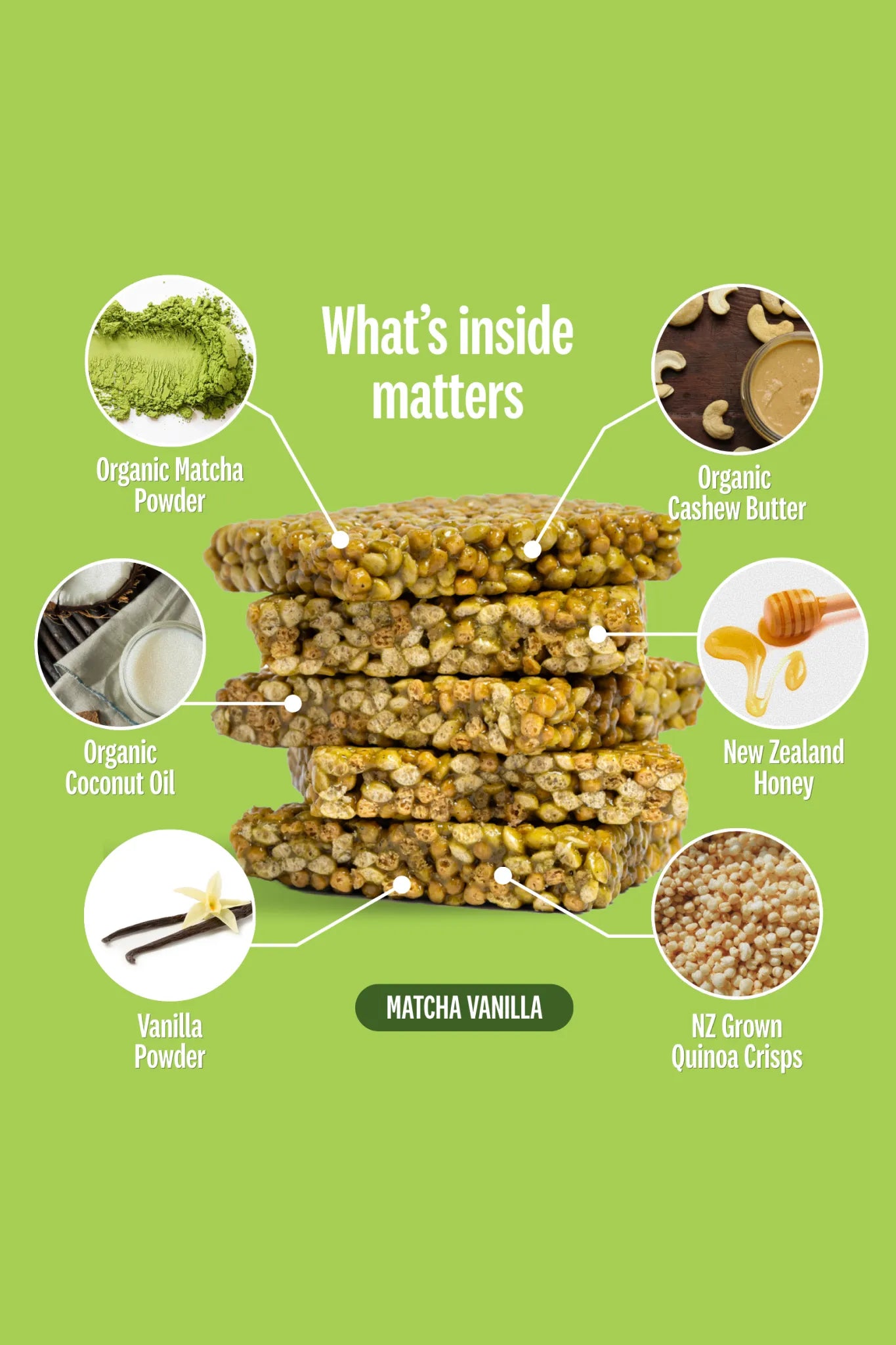 Ingredients of a matcha vanilla begood nutrition bar displayed on a green background with icons and text.